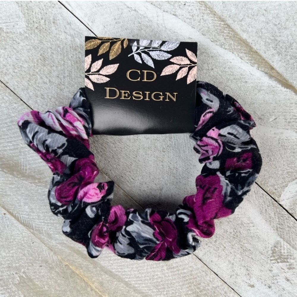 Pink and black floral scrunchie